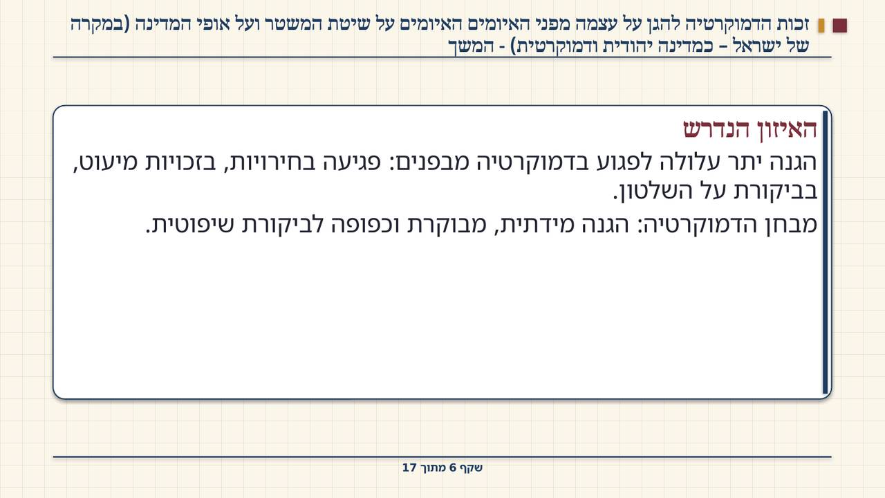 שקף 6: זכות הדמוקרטיה להגן על עצמה מפני האיומים האיומים על שיטת המשטר ועל אופי המדינה (במקרה של ישראל – כמדינה יהודית ודמוקרטית) - המשך