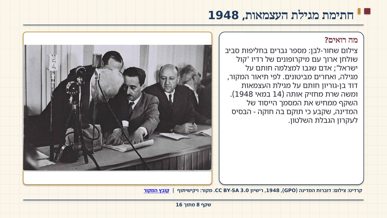 שקף 8: חתימת מגילת העצמאות, 1948