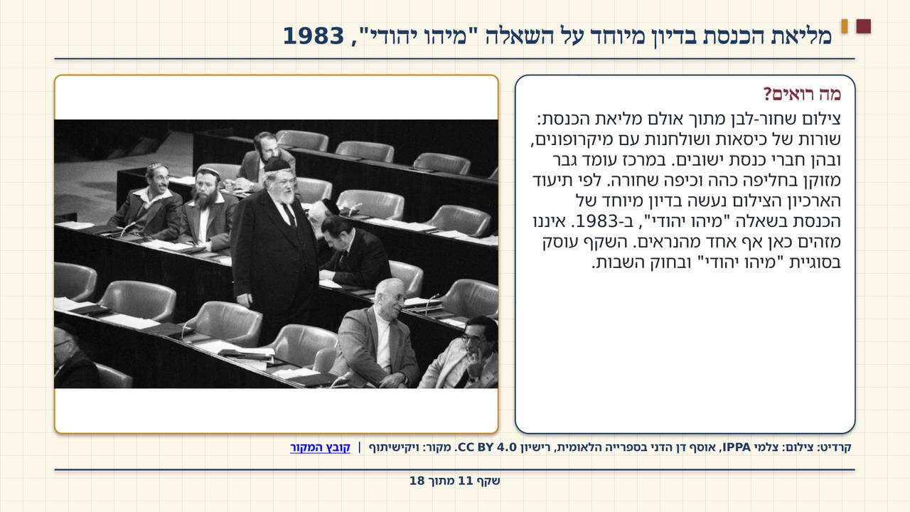 שקף 11: מליאת הכנסת בדיון מיוחד על השאלה "מיהו יהודי", 1983
