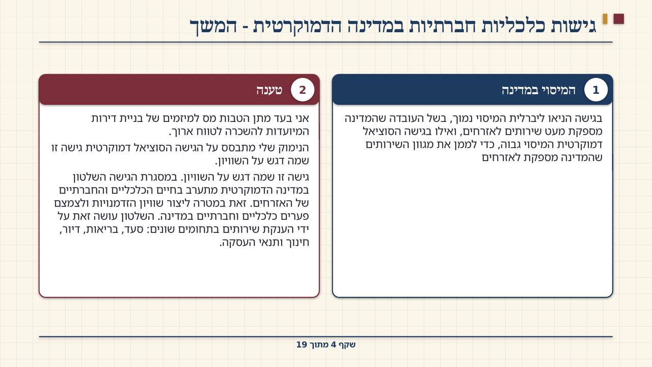 שקף 4: גישות כלכליות חברתיות במדינה הדמוקרטית - המשך