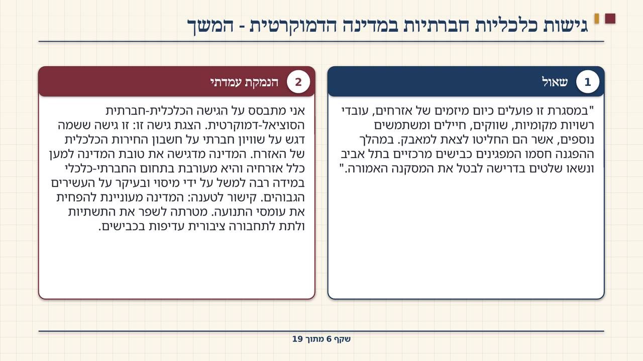 שקף 6: גישות כלכליות חברתיות במדינה הדמוקרטית - המשך