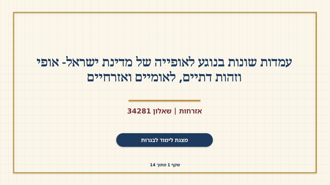 שקף 1: עמדות שונות בנוגע לאופייה של מדינת ישראל- אופי וזהות דתיים, לאומיים ואזרחיים