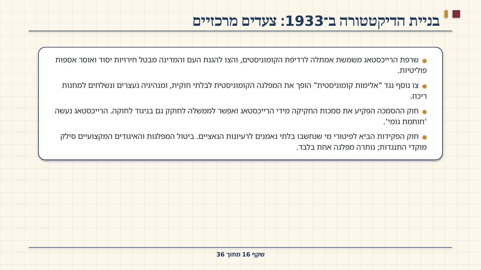 שקף 16: בניית הדיקטטורה ב־1933: צעדים מרכזיים