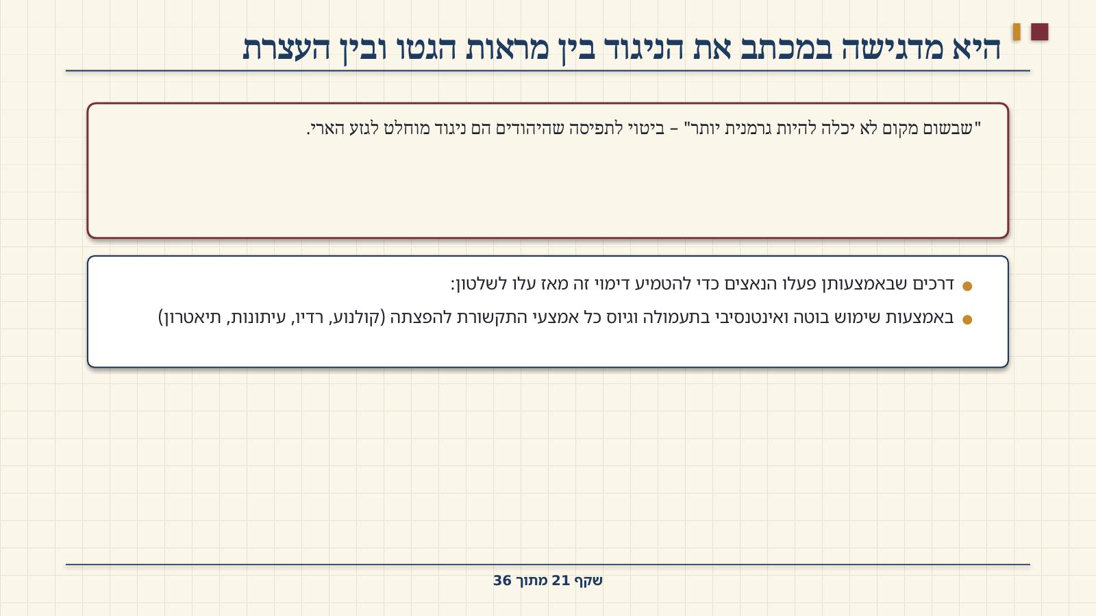 שקף 21: היא מדגישה במכתב את הניגוד בין מראות הגטו ובין העצרת