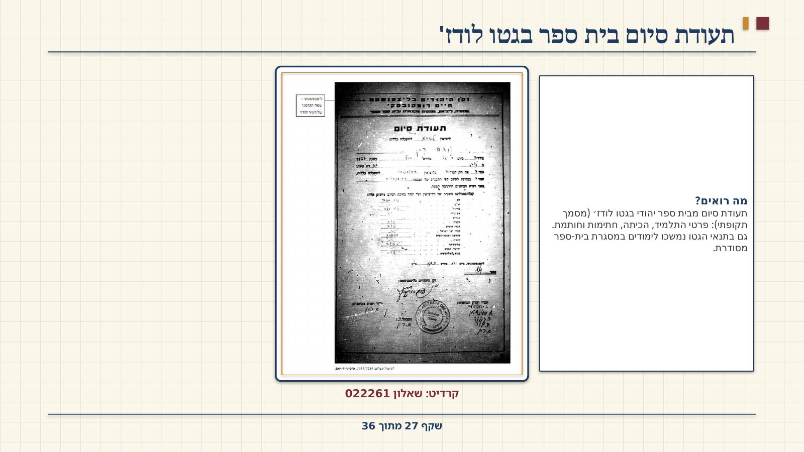 שקף 27: תעודת סיום בית ספר בגטו לודז'