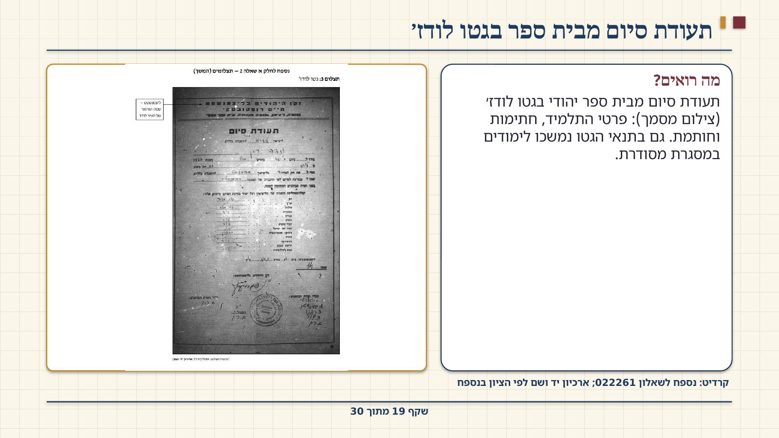 שקף 19: תעודת סיום מבית ספר בגטו לודז׳