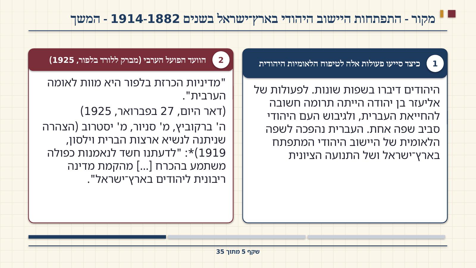 שקף 5: מקור - התפתחות היישוב היהודי בארץ־ישראל בשנים 1914-1882 - המשך