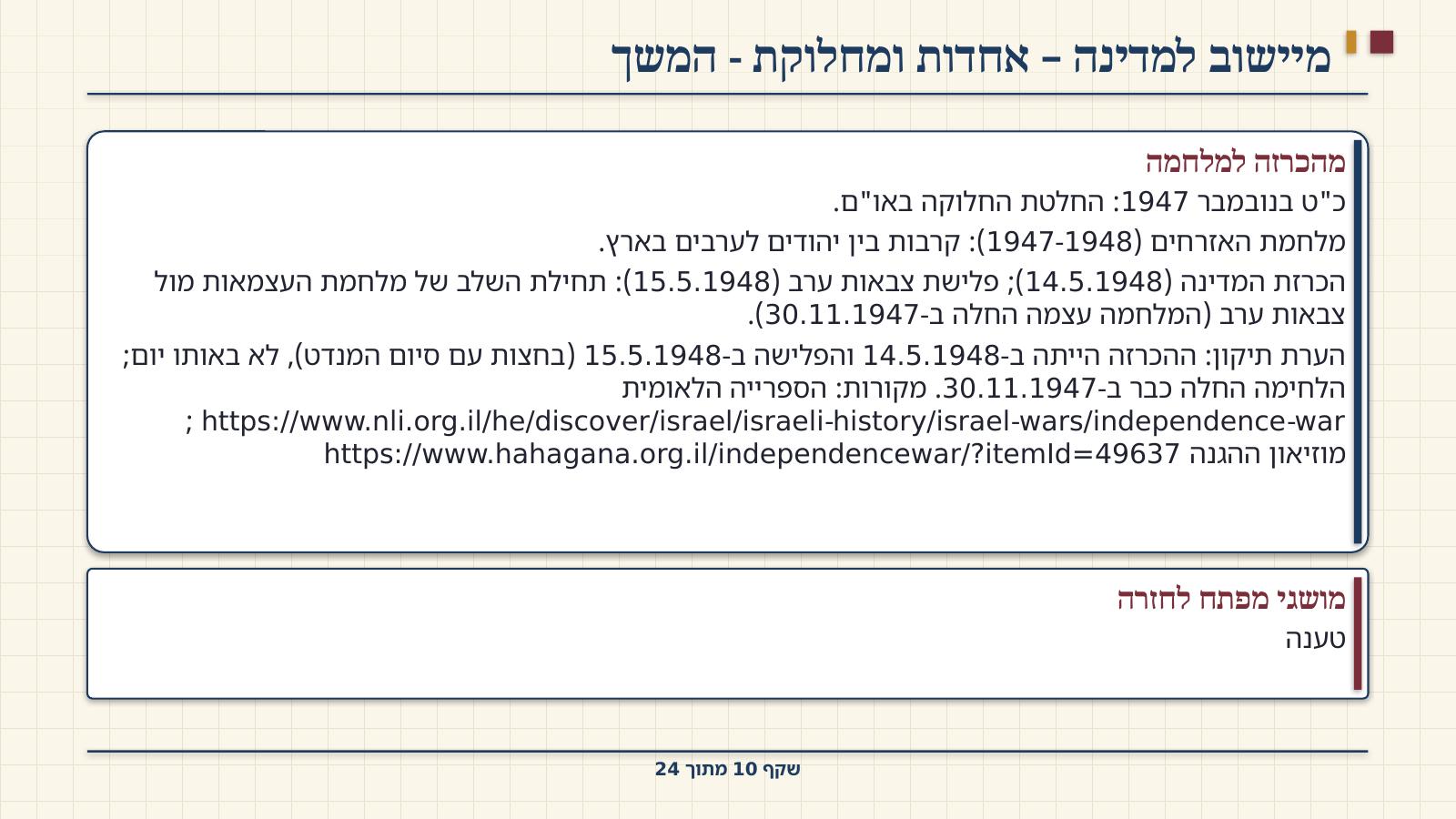 שקף 10: מיישוב למדינה – אחדות ומחלוקת - המשך